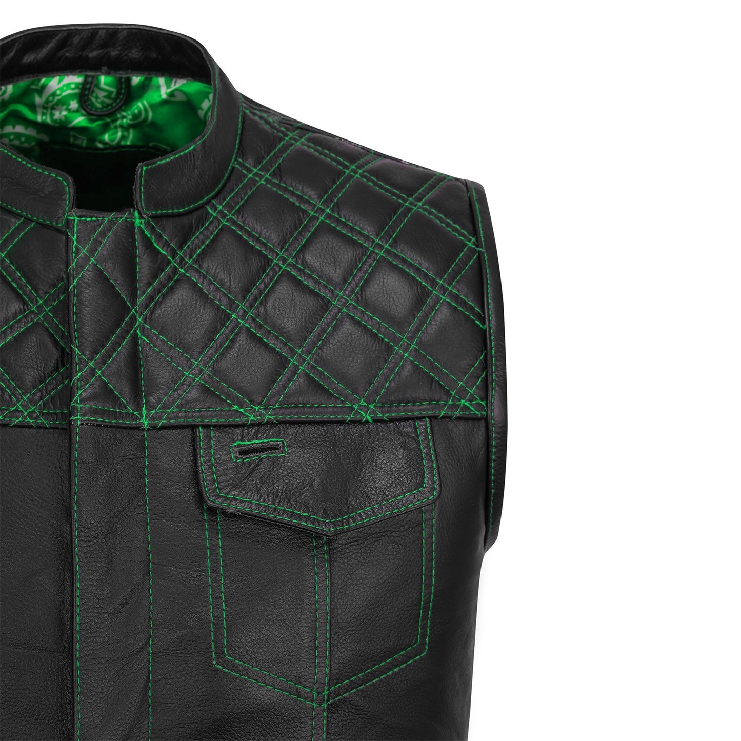 Green Diamond Stitched Leather MC Club Vest – Custom Biker Gift
