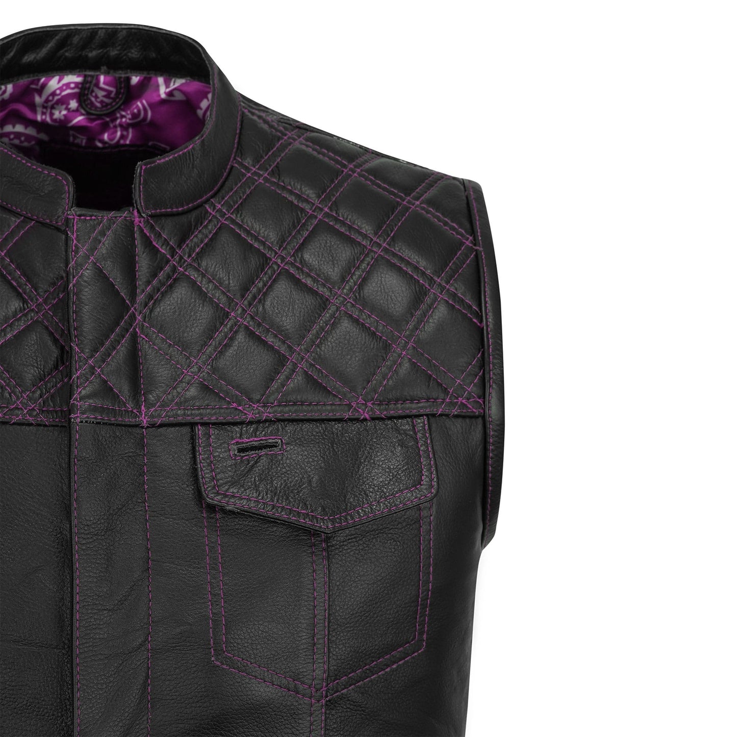 Pink Diamond Stitched Leather MC Club Vest – Custom Biker Gift