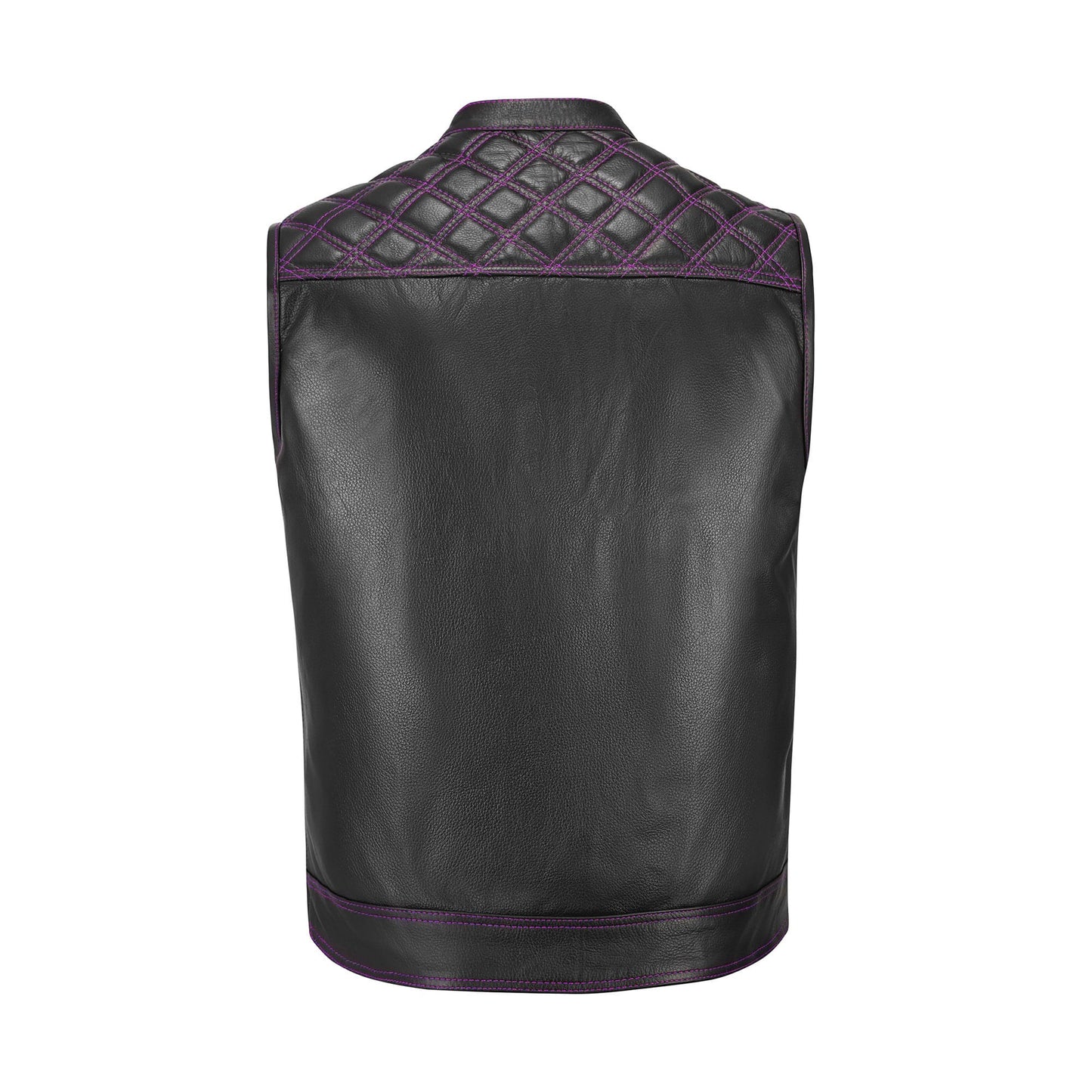 A stylish Purple Diamond Stitched MC Club Vest displayed on a hanger against a white background. Featuring genuine cowhide leather, satin lining, YKK brass zipper, and customizable patch options, this vest is designed for men and women bikers. Its bold purple stitching provides standout style for motorcycle clubs, rebels, and road warriors who want durability and individuality in their biker gear.