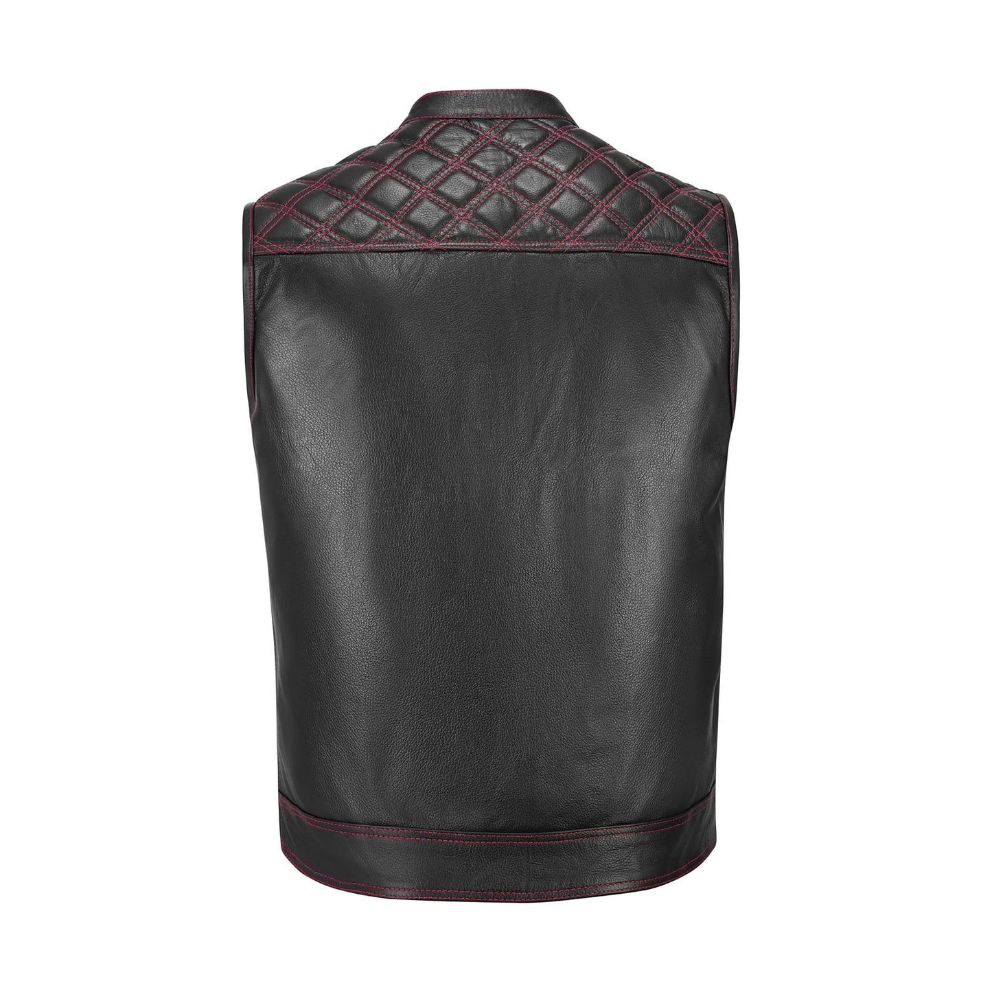 Back angle of a Red Diamond Stitched MC Club Vest with visible red stitching accents. Made from genuine cowhide leather, this vest blends biker fashion with rugged durability. Featuring customizable patch placement, premium satin lining, zipper closure, and multiple size options, it is ideal for motorcycle club members, road warriors, rebels, and bikers who want personalized leather motorcycle apparel.