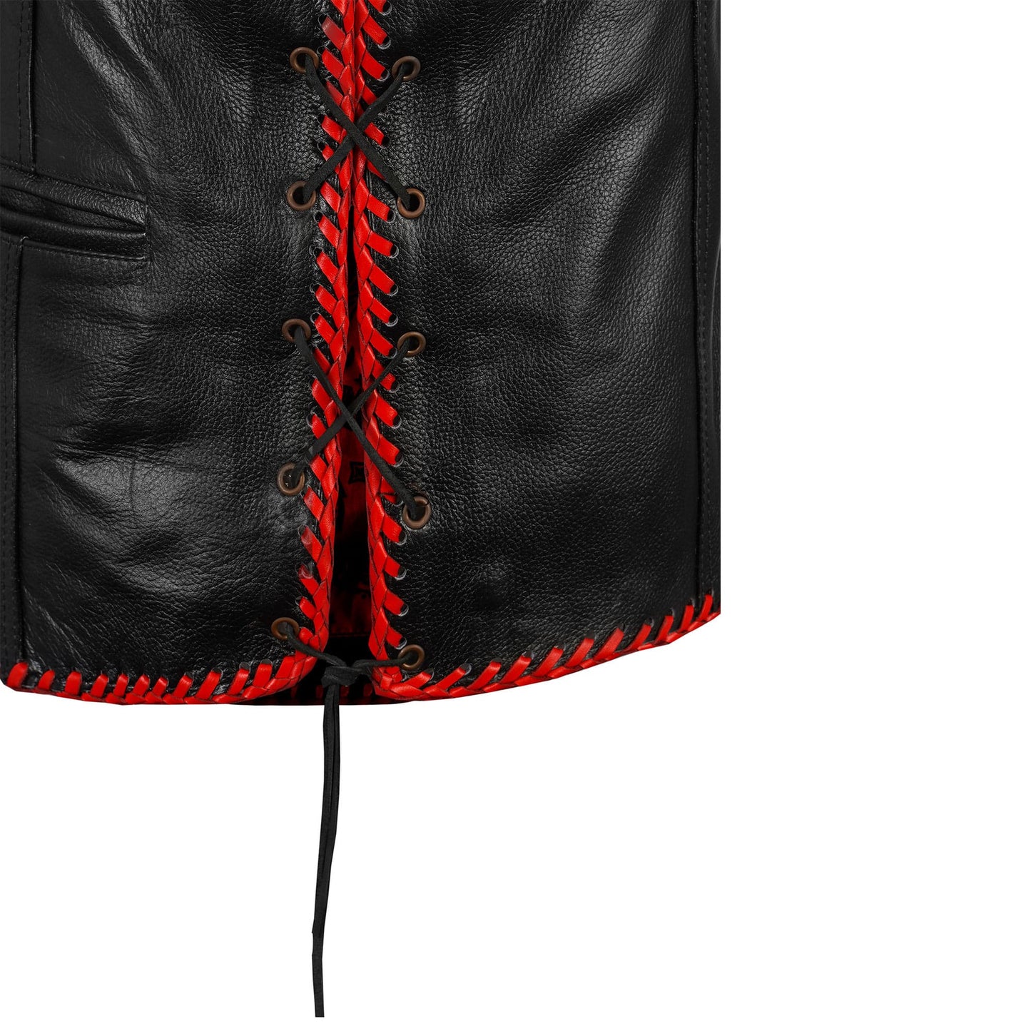 Close-up texture of ribbed buffalo leather motorcycle vest in red finish. This custom biker vest features side lace adjustment, satin lining, hook closure, and concealed carry pocket. Designed for motorcycle club members, hunters, and riders seeking customizable high-quality leather vests for identity and durability.