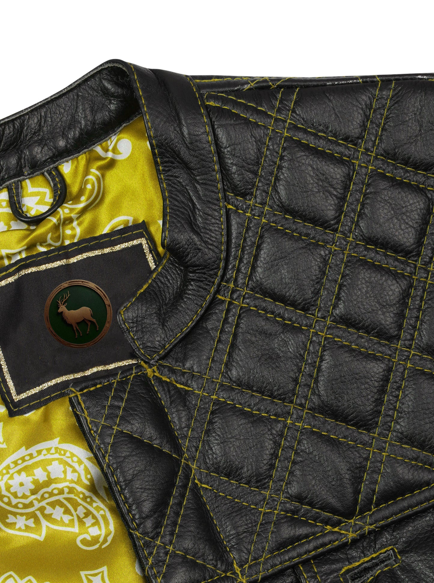 Yellow leather biker vest with diamond stitching handmade from cowhide, tailored for motorcycle club style and rider individuality. Includes secure brass YKK zipper closure, dual chest pockets, optional concealed carry, and customizable patch-ready design. Comfortable satin lining provides luxury feel, while rugged craftsmanship ensures durability. This yellow MC vest is ideal for bikers, rebels, and road warriors.