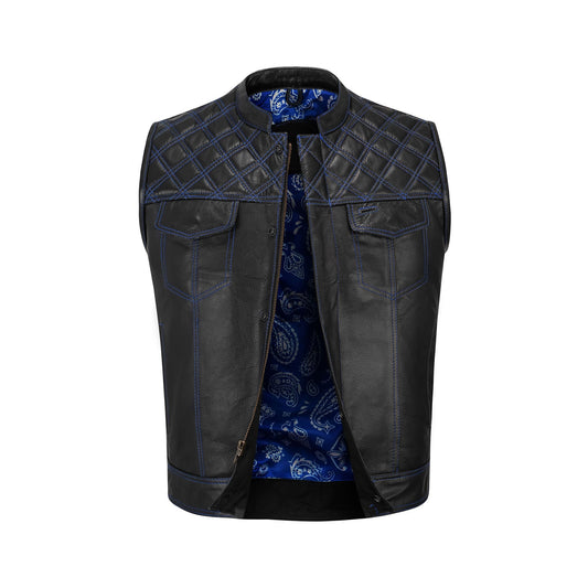 Blue Diamond Stitched Leather MC Club Vest – Custom Biker Gift