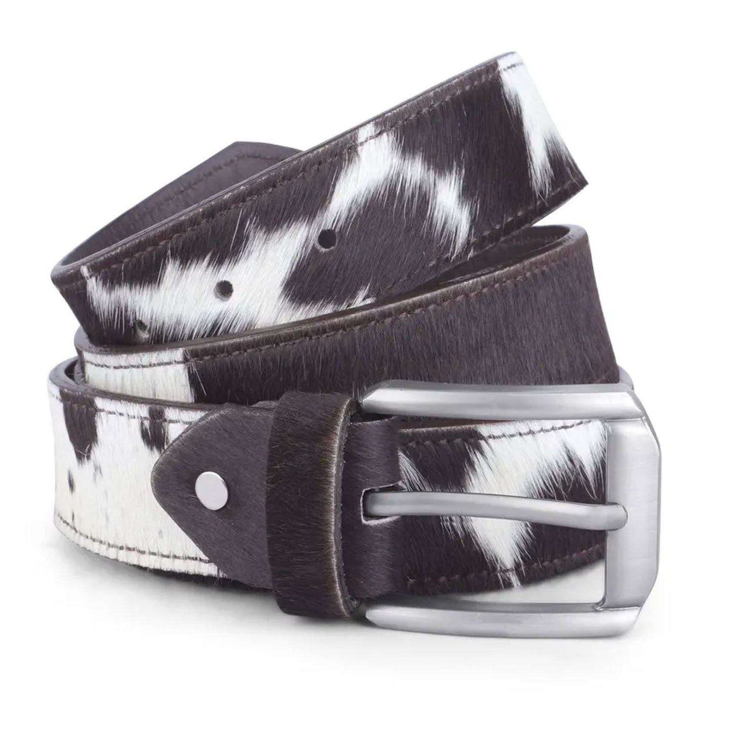 Natural hair-on cowhide leather belt with rustic buffalo pattern on a white background, showing the genuine leather craftsmanship and premium metal buckle in full view.

