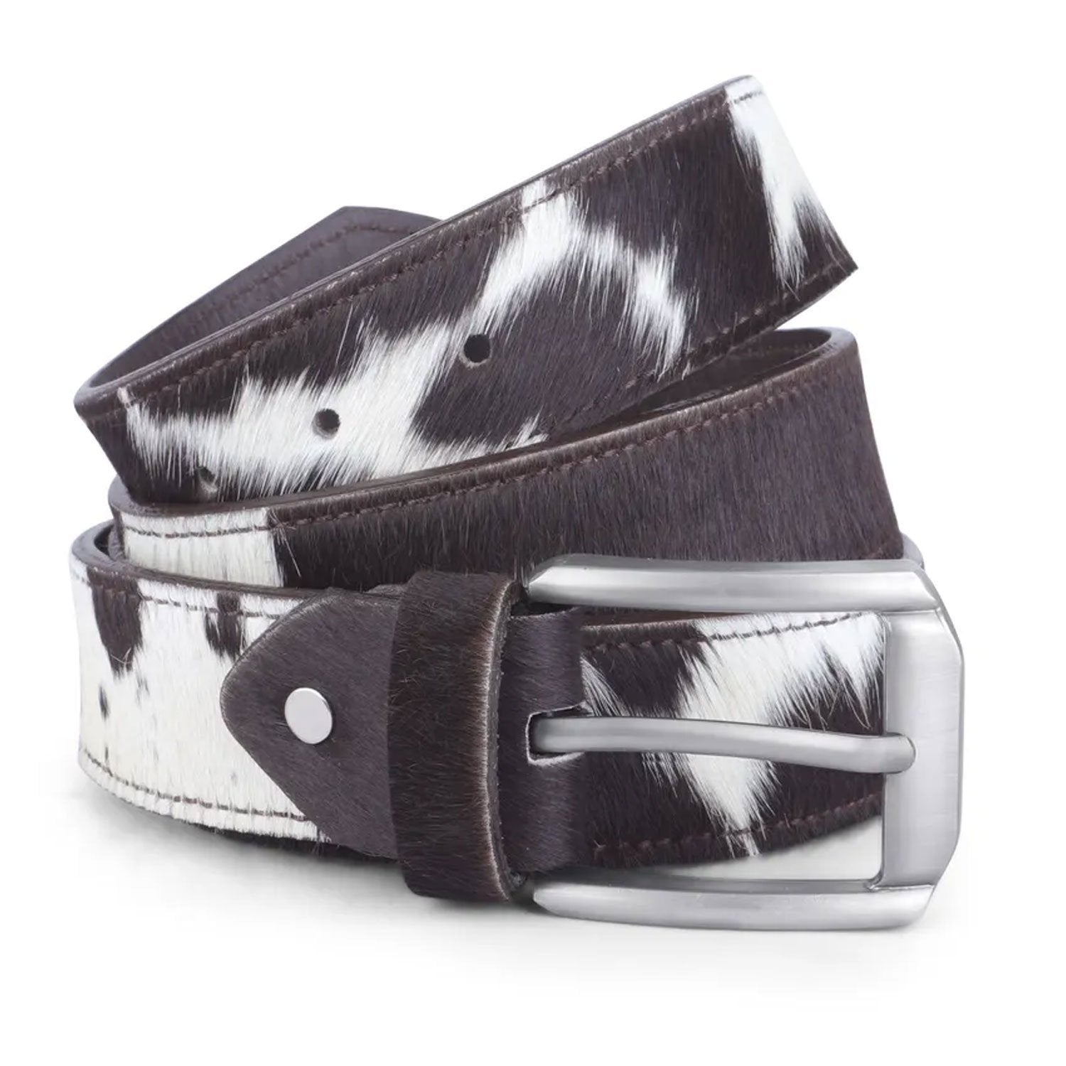 Natural hair-on cowhide leather belt with rustic buffalo pattern on a white background, showing the genuine leather craftsmanship and premium metal buckle in full view.

