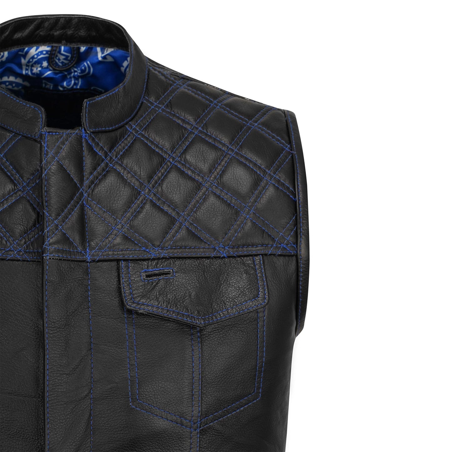 Blue Diamond Stitched Leather MC Club Vest – Custom Biker Gift