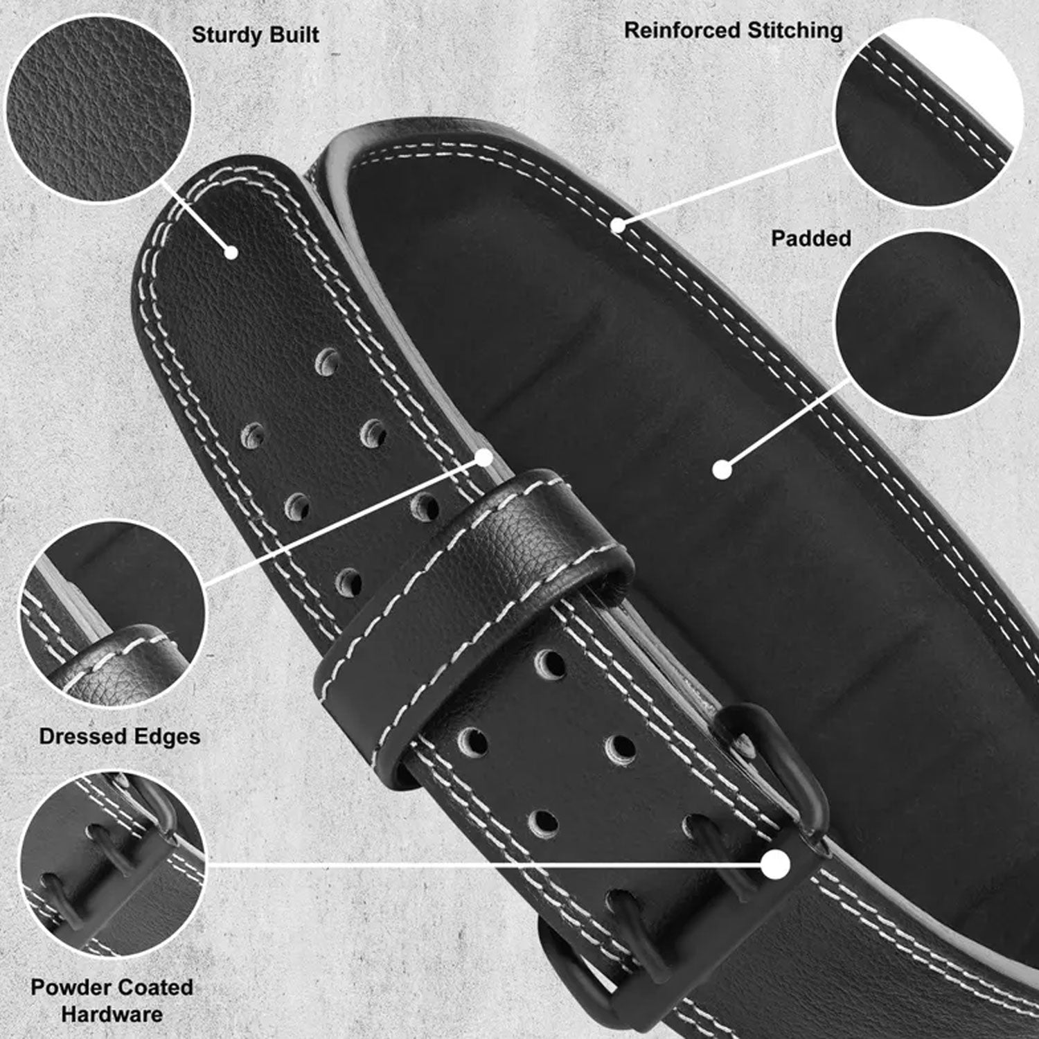 Detailed image of the A+ grade cowhide surface and reinforced stitching, emphasizing craftsmanship, long-term durability, and quality finish for intense weightlifting use.

