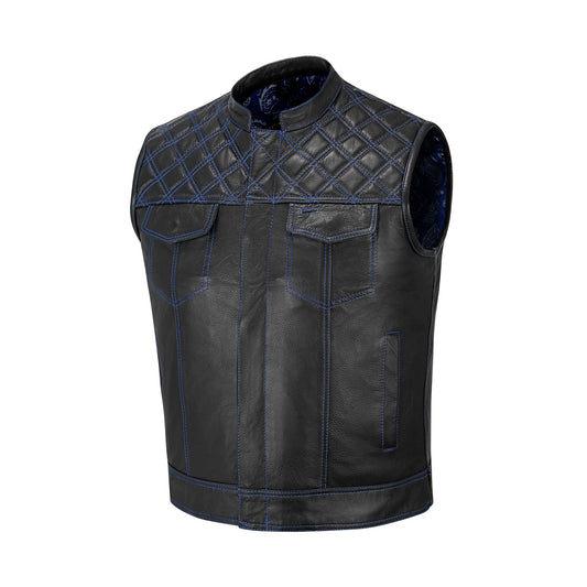 Blue Diamond Stitched Leather MC Club Vest – Custom Biker Gift