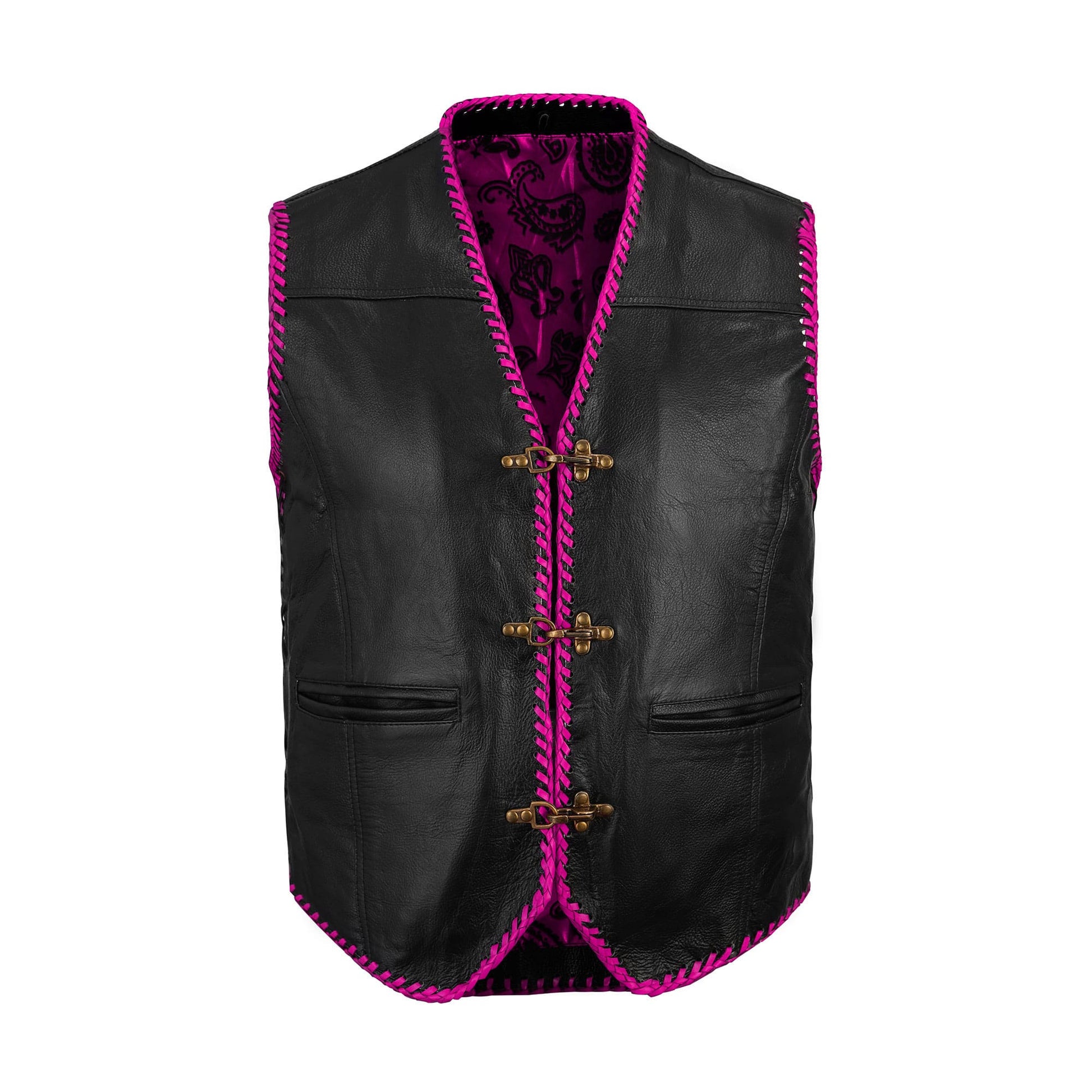 Pink Diamond Stitched Leather MC Club Vest with example patch customization on the back, highlighting premium cowhide leather, durable stitching, and biker club-ready style. Perfect for adding logos, patches, and personal club insignias.