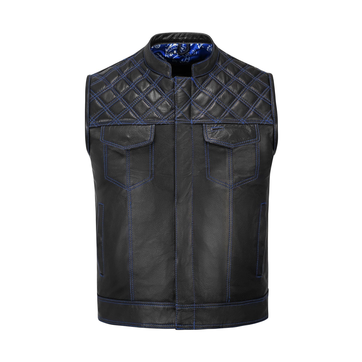 Blue Diamond Stitched Leather MC Club Vest – Custom Biker Gift