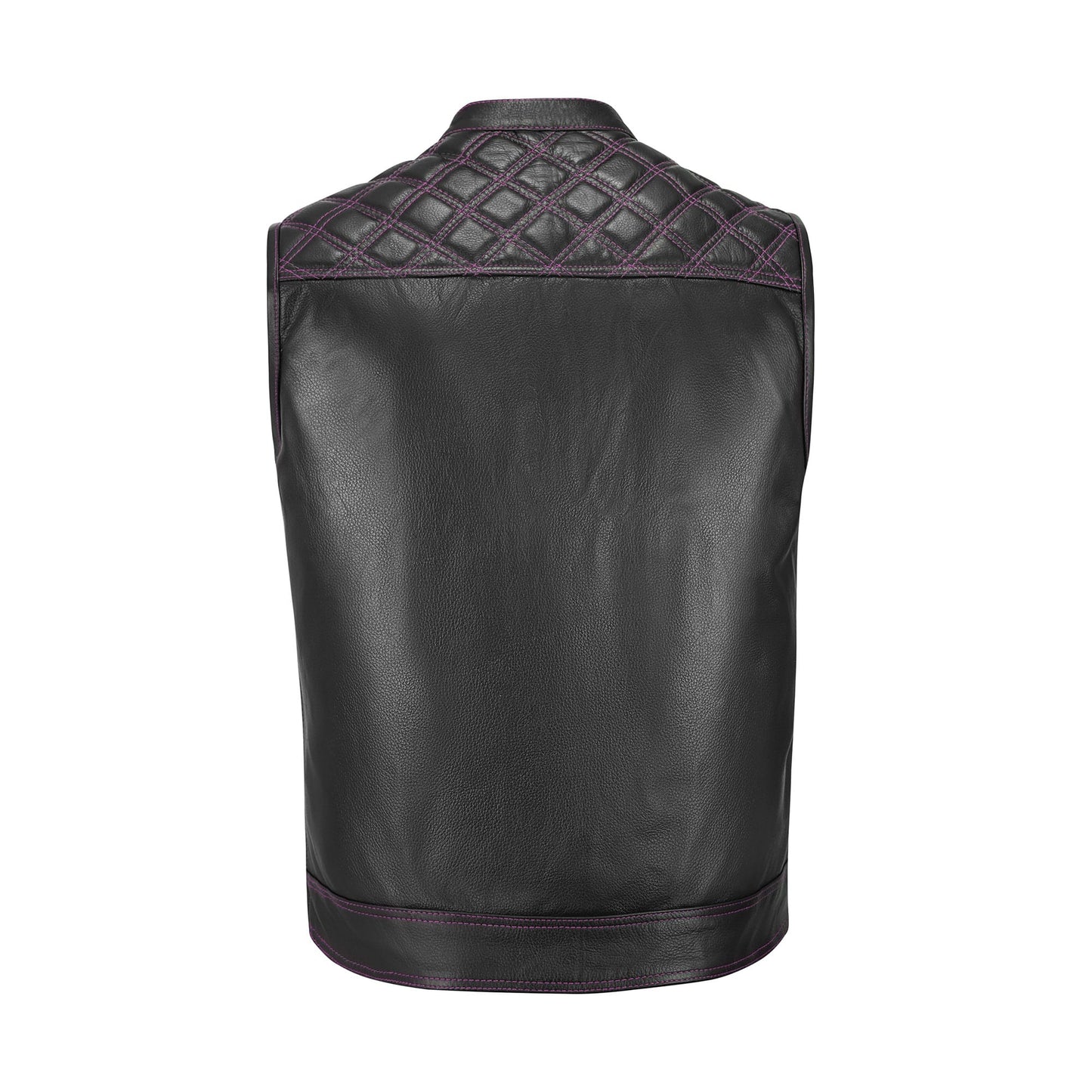 A premium handmade Pink Diamond Stitched MC Club Vest displayed on a plain background. Constructed from genuine cowhide leather, this vest showcases intricate pink diamond stitching, satin lining for comfort, and secure brass zipper closure. Customizable for biker patches, logos, and club insignias, it’s ideal for motorcycle enthusiasts, rebels, and road warriors who demand durability, comfort, and bold biker style.