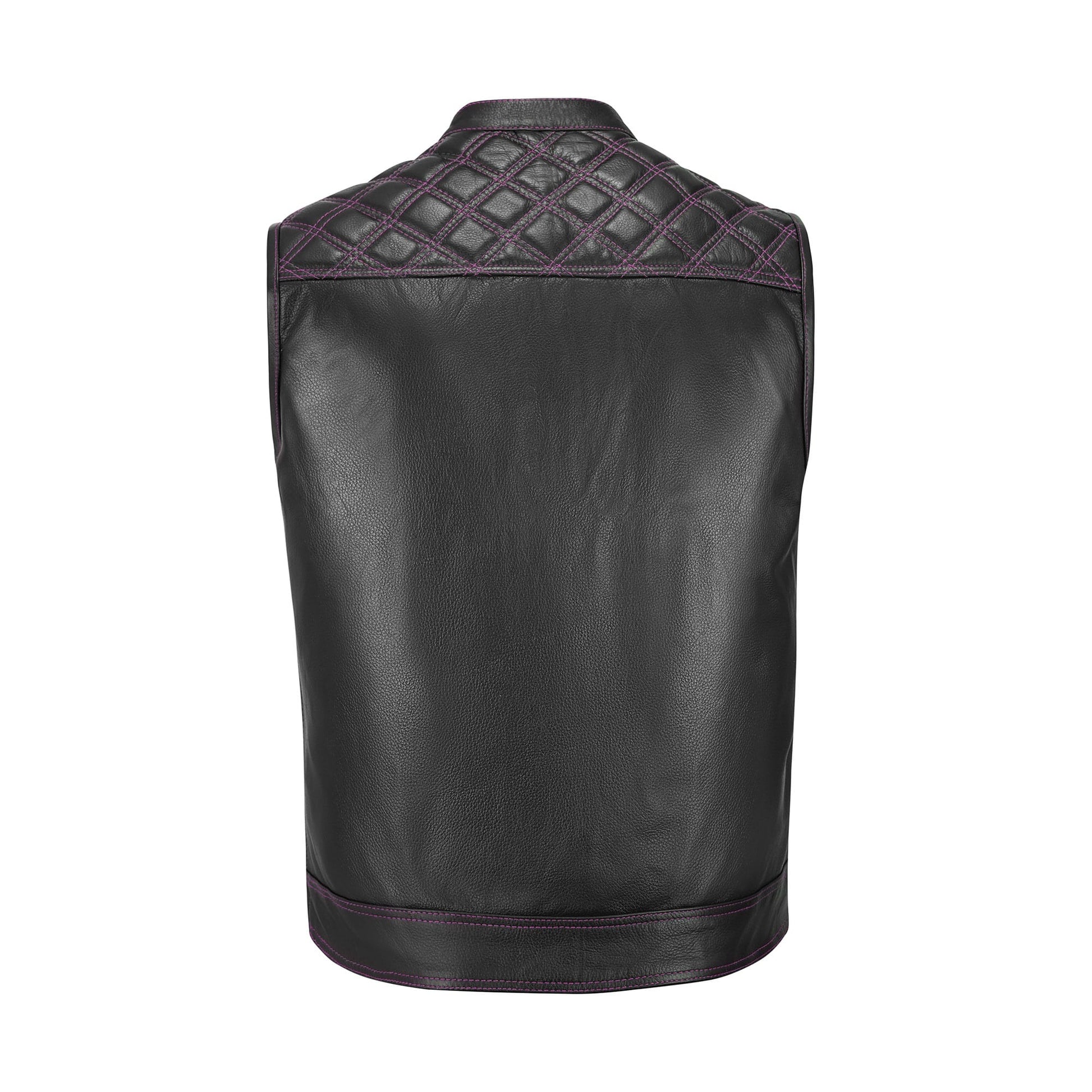 A premium handmade Pink Diamond Stitched MC Club Vest displayed on a plain background. Constructed from genuine cowhide leather, this vest showcases intricate pink diamond stitching, satin lining for comfort, and secure brass zipper closure. Customizable for biker patches, logos, and club insignias, it’s ideal for motorcycle enthusiasts, rebels, and road warriors who demand durability, comfort, and bold biker style.