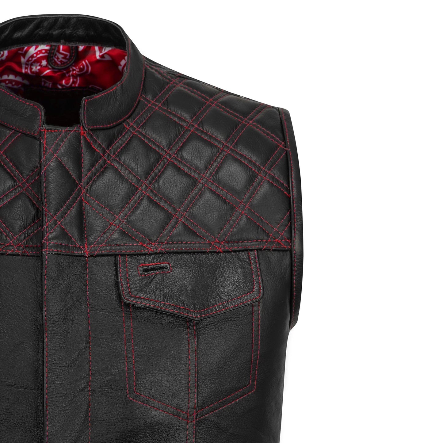 A premium handmade Red Diamond Stitched MC Club Vest displayed on a plain background. Constructed from genuine cowhide leather, this vest showcases intricate red diamond stitching, satin lining for comfort, and secure brass zipper closure. Customizable for biker patches, logos, and club insignias, it’s ideal for motorcycle enthusiasts, rebels, and road warriors who demand durability and biker style.