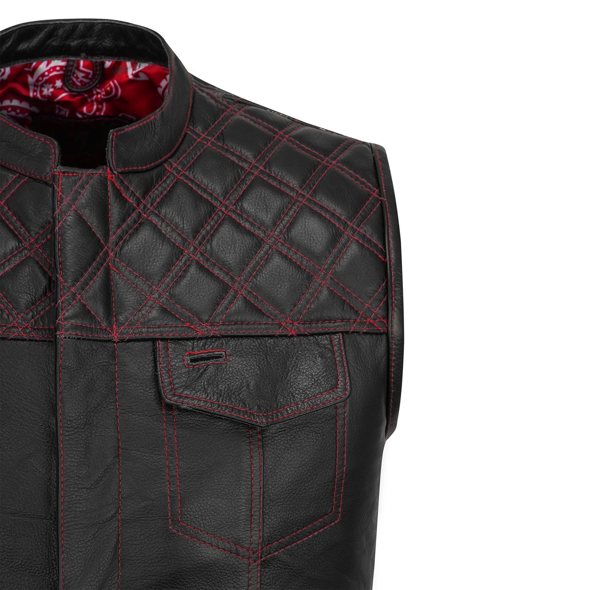 A premium handmade Red Diamond Stitched MC Club Vest displayed on a plain background. Constructed from genuine cowhide leather, this vest showcases intricate red diamond stitching, satin lining for comfort, and secure brass zipper closure. Customizable for biker patches, logos, and club insignias, it’s ideal for motorcycle enthusiasts, rebels, and road warriors who demand durability and biker style.