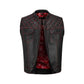A stylish Red Diamond Stitched MC Club Vest displayed on a hanger against a white background. Featuring genuine cowhide leather, satin lining, YKK brass zipper, and customizable patch options, this vest is designed for men and women bikers. Its bold red stitching provides standout style for motorcycle clubs, rebels, and road warriors who want durability and individuality in their biker gear.