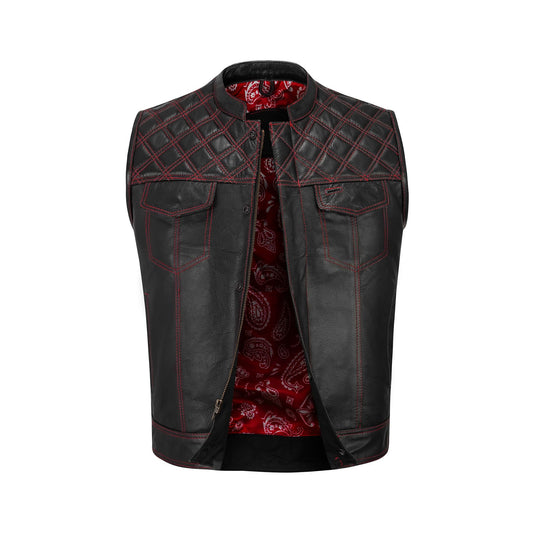 A stylish Red Diamond Stitched MC Club Vest displayed on a hanger against a white background. Featuring genuine cowhide leather, satin lining, YKK brass zipper, and customizable patch options, this vest is designed for men and women bikers. Its bold red stitching provides standout style for motorcycle clubs, rebels, and road warriors who want durability and individuality in their biker gear.