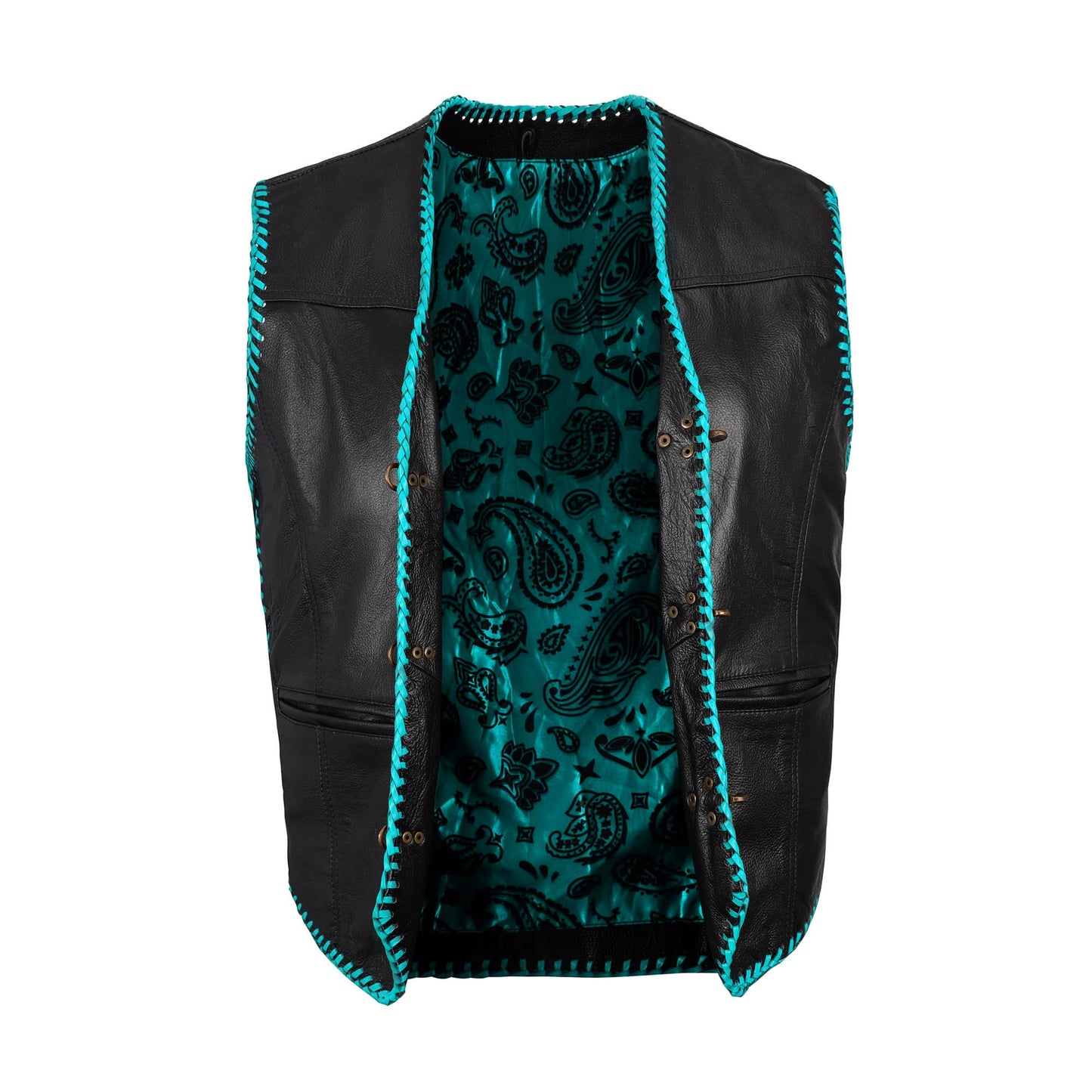 A turquoise biker vest crafted from genuine cowhide leather, tailored for motorcycle riders who demand resilience and striking aesthetics. With adjustable side laces, premium brass hardware, and a rugged yet stylish look, this vest ensures versatility for both road warriors and fashion enthusiasts. Fully customizable, it stands as a top choice for bikers seeking unique biker gear and motorcycle apparel that reflects bold individuality.