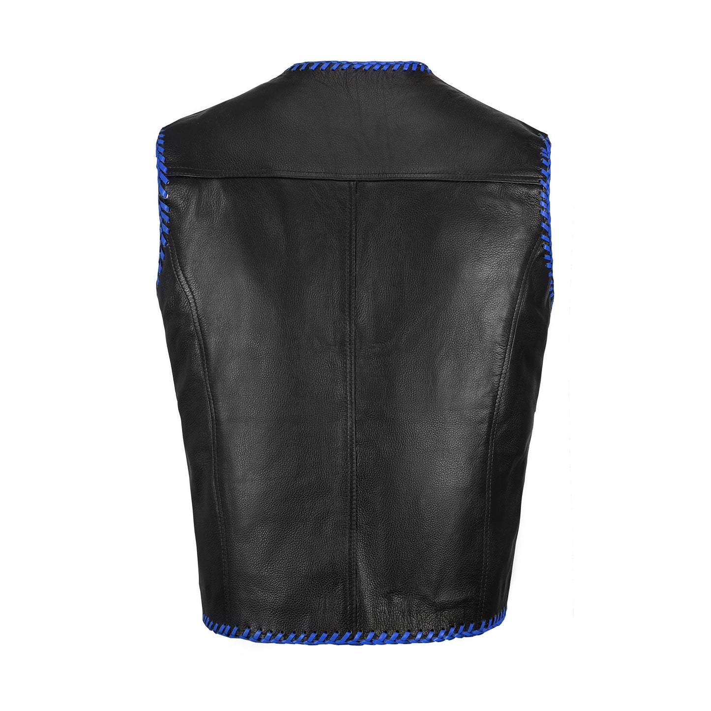 Back angle of Buffalo Leather Blue Ribbed Motorcycle Club Vest made from heavy-duty buffalo leather, showing ribbed leather panels, breathable satin lining, and ample customization space for MC logos, embroidery patches, and rider names. Rugged biker vest designed for motorcycle enthusiasts, ideal gift for bikers, dads, boyfriends, or MC members.