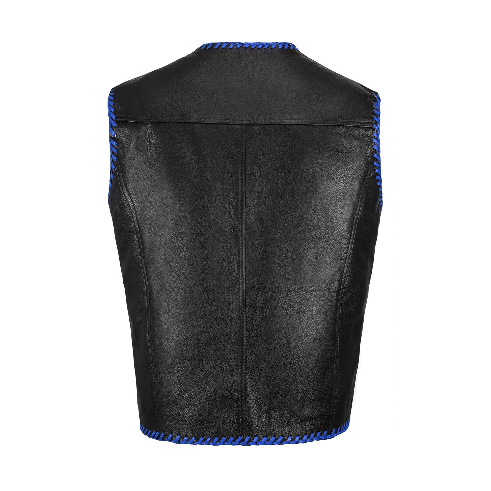 Back angle of Buffalo Leather Blue Ribbed Motorcycle Club Vest made from heavy-duty buffalo leather, showing ribbed leather panels, breathable satin lining, and ample customization space for MC logos, embroidery patches, and rider names. Rugged biker vest designed for motorcycle enthusiasts, ideal gift for bikers, dads, boyfriends, or MC members.