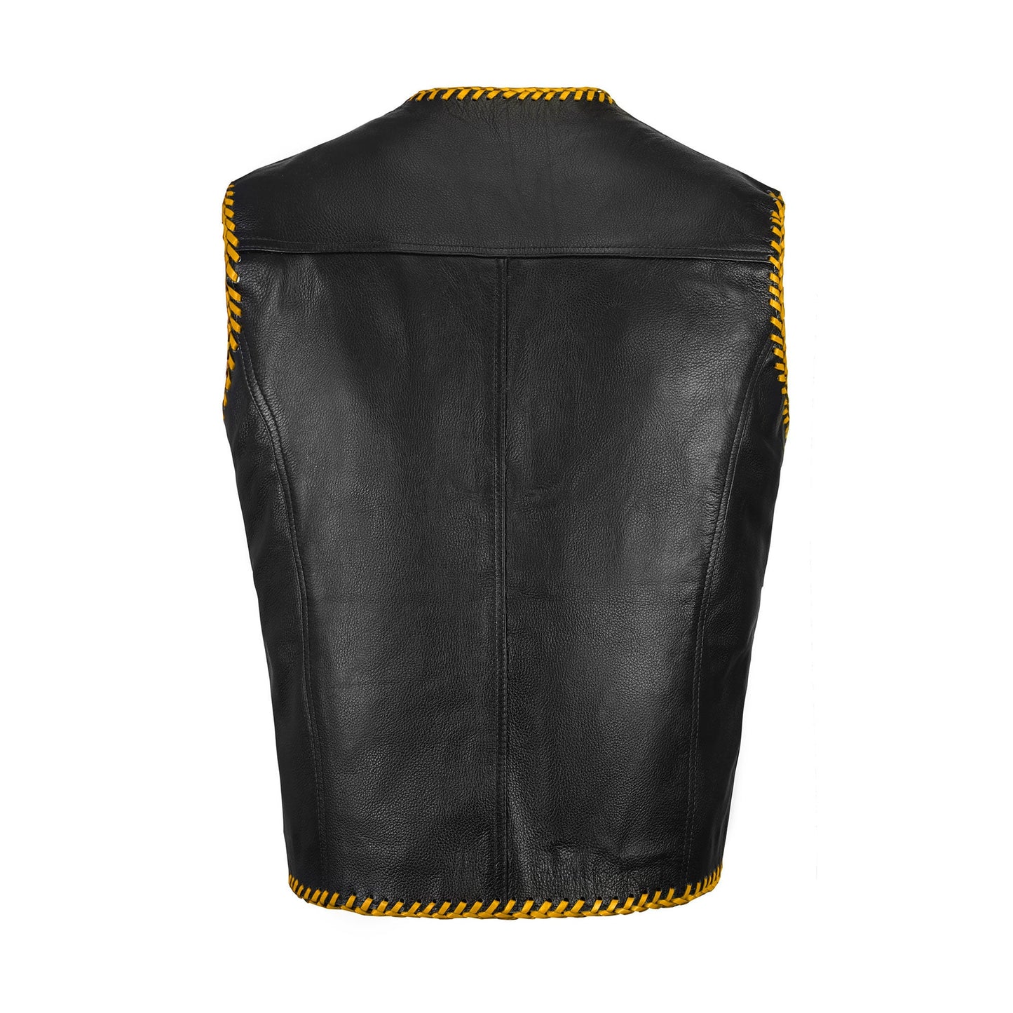 Back angle of Buffalo Leather Golden Ribbed Biker Vest showing ribbed golden panels and smooth satin lining. Crafted from heavy-duty buffalo leather, ideal for personalization with motorcycle club patches, logos, or rider names. Rugged vest made for bikers who want standout style, functionality, and long-lasting motorcycle riding gear.