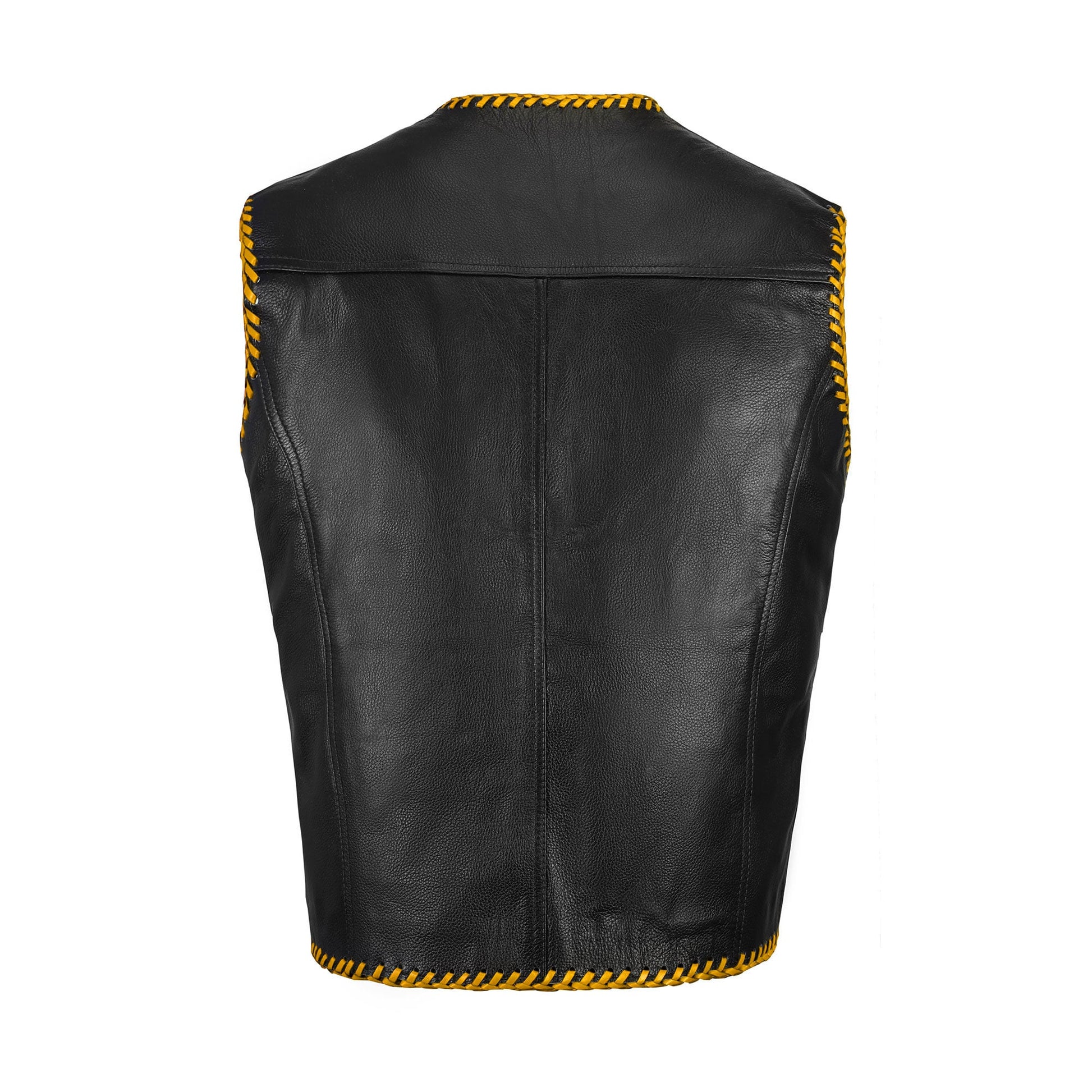 Back angle of Buffalo Leather Golden Ribbed Biker Vest showing ribbed golden panels and smooth satin lining. Crafted from heavy-duty buffalo leather, ideal for personalization with motorcycle club patches, logos, or rider names. Rugged vest made for bikers who want standout style, functionality, and long-lasting motorcycle riding gear.