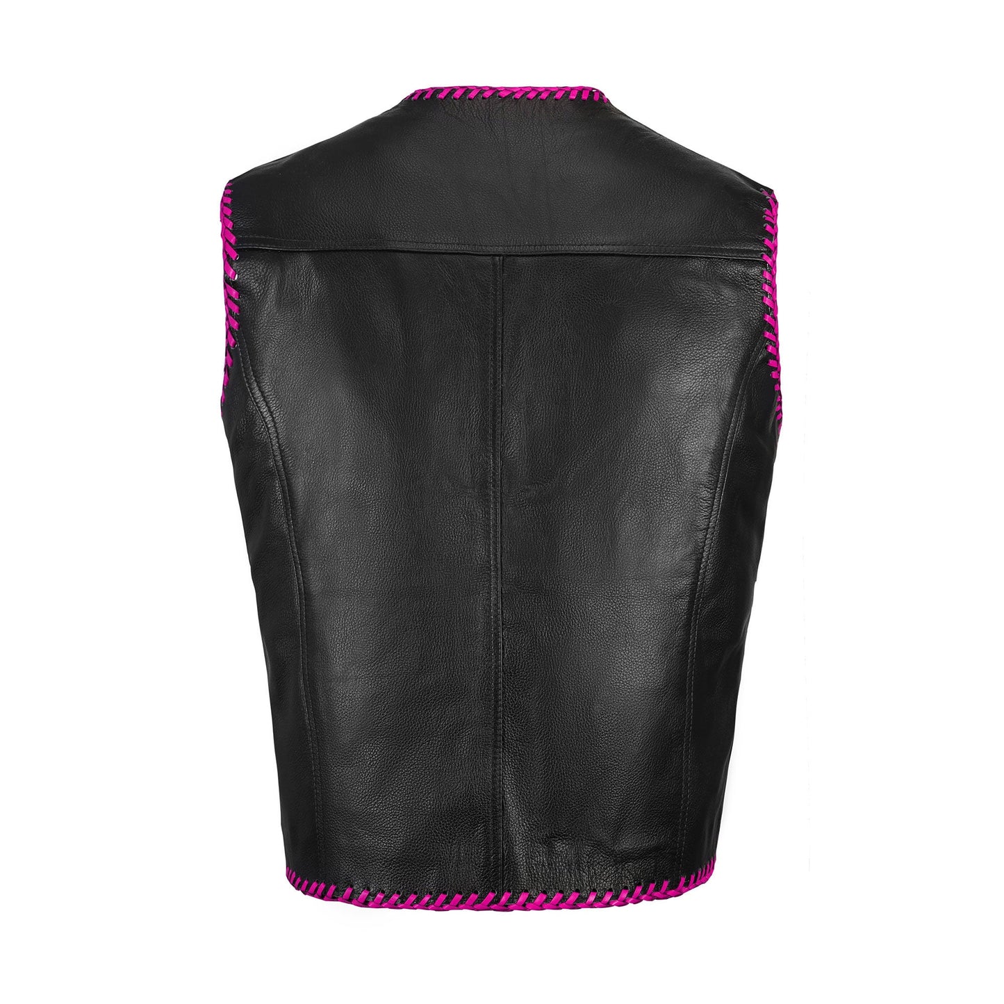 Back image of the Pink Leather MC Club Vest featuring bold diamond stitching in pink across the shoulders and back. Premium cowhide leather construction with side laces for adjustment, perfect for bikers and motorcycle club members customizing with patches and embroidery.