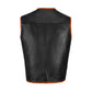 Back view of Buffalo Leather Orange Ribbed MC Vest, showcasing smooth buffalo leather finish with ribbed orange highlights. Custom biker vest designed for MC members, clubs, and solo riders. Ideal for showcasing patches, embroidery, and biker logos. Durable leather construction with satin lining for comfort.