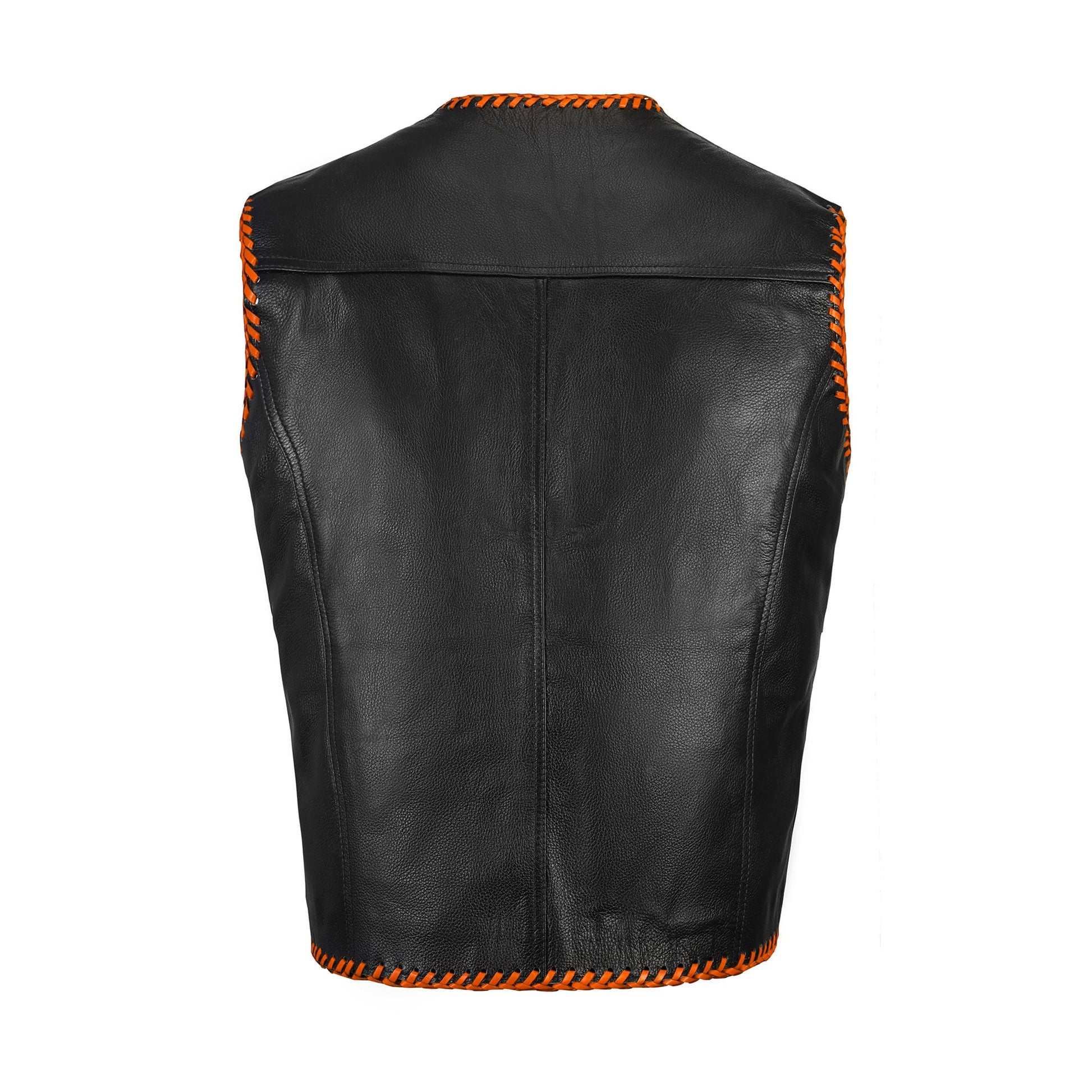 Back view of Buffalo Leather Orange Ribbed MC Vest, showcasing smooth buffalo leather finish with ribbed orange highlights. Custom biker vest designed for MC members, clubs, and solo riders. Ideal for showcasing patches, embroidery, and biker logos. Durable leather construction with satin lining for comfort.