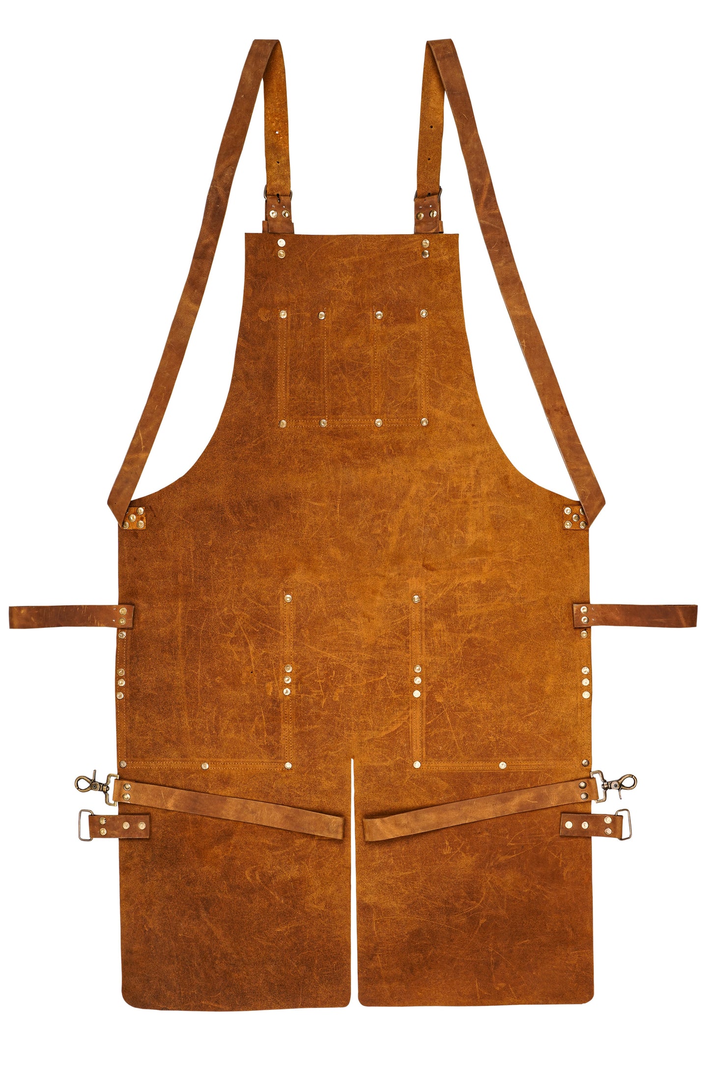 Back view of Ironhide Leather Apron showing cross-back adjustable straps and heavy-duty hook loops for support and wearability. The durable craftsmanship makes it a reliable apron for shop work, blacksmithing, grilling, and more. Great for those needing a rugged and functional apron with plenty of tool storage options.

