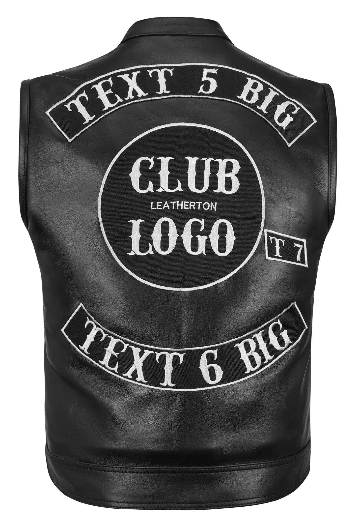 Back view of black cowhide leather MC vest showing large embroidery space for back patches up to 37x12 cm, plus curved patch area 30x7.5 cm. Custom embroidered biker vest designed for motorcycle clubs, hunting groups, and personalized rider gear with durable stitching, rugged finish, and handmade craftsmanship.