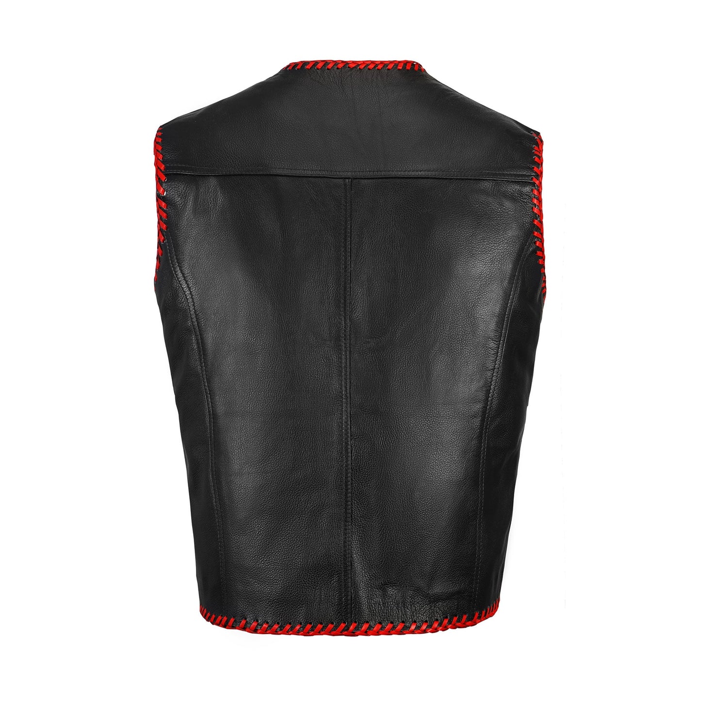 Back view of buffalo leather red motorcycle club vest highlighting smooth finish and clean stitching for patch-ready customization. Perfect for bikers, club members, and motorcycle enthusiasts seeking a durable handmade vest with strong buffalo hide leather and western-inspired road warrior appeal.