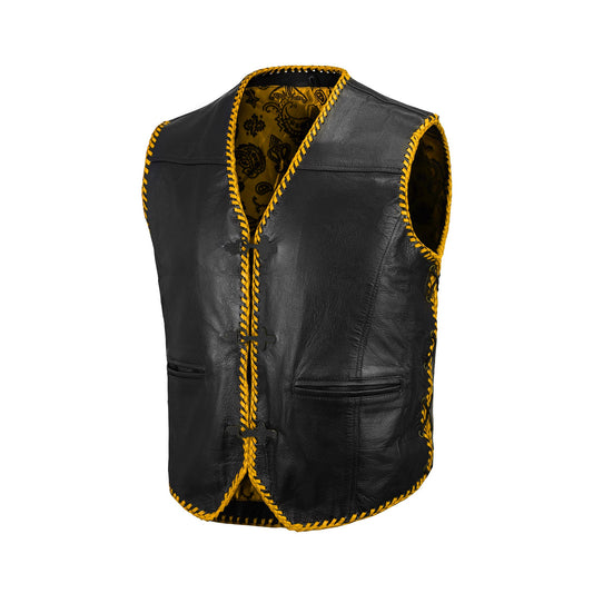 Buffalo Leather Motorcycle Club Golden Ribbed Vest on white background, handcrafted from A+ grade buffalo leather with bold golden ribbed panels, satin lining, hook closure, and adjustable side laces. Customizable biker vest with embroidery options for logos, names, or patches, designed for MC members, riders, and enthusiasts seeking strong, stylish, and durable motorcycle club gear.