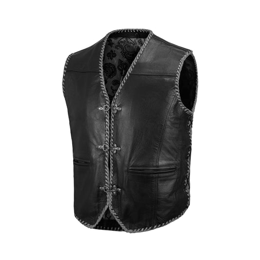 Buffalo Leather Motorcycle Club Grey Ribbed Vest on white background, handcrafted from A+ grade buffalo leather with grey ribbed paneling, satin lining, hook closure, and adjustable side lace design. Customizable biker vest with embroidery options for logos, rider names, or patches. Perfect durable motorcycle vest for MC members, daily riders, and biker enthusiasts seeking stylish leather gear.