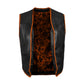 Buffalo Leather Orange Ribbed MC Vest closure detail with snap buttons, side lace, and premium buffalo leather construction. Ribbed orange panels add a bold touch for bikers. Designed for comfort and long rides with satin lining and customizable biker styling options.