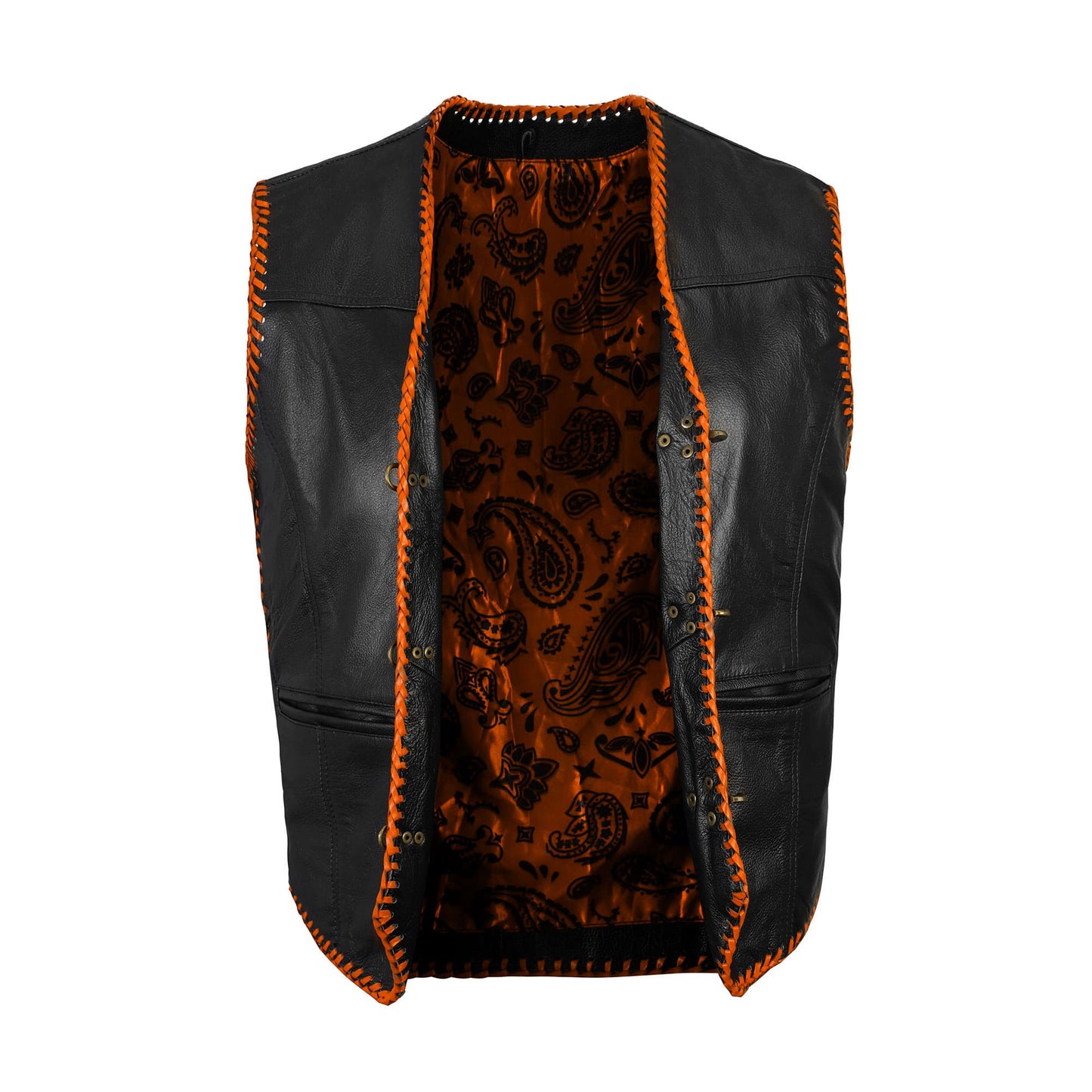 Buffalo Leather Orange Ribbed MC Vest closure detail with snap buttons, side lace, and premium buffalo leather construction. Ribbed orange panels add a bold touch for bikers. Designed for comfort and long rides with satin lining and customizable biker styling options.