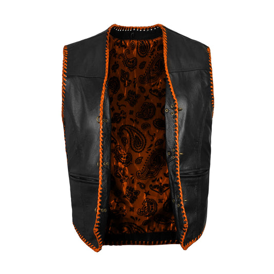 Buffalo Leather Orange Ribbed MC Vest closure detail with snap buttons, side lace, and premium buffalo leather construction. Ribbed orange panels add a bold touch for bikers. Designed for comfort and long rides with satin lining and customizable biker styling options.