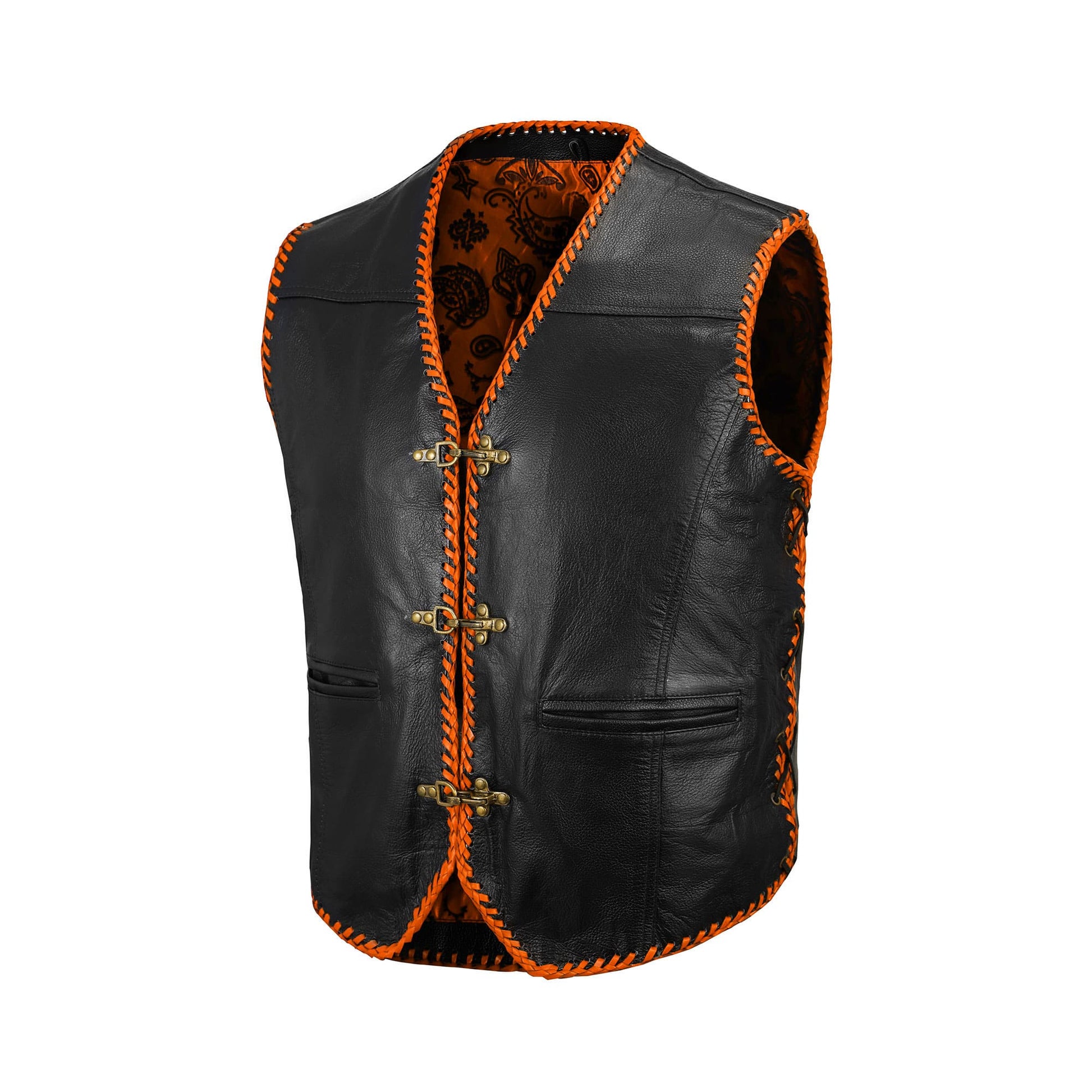 Buffalo Leather Orange Ribbed Motorcycle Club Vest on white background, crafted from A+ grade buffalo leather with bold orange ribbed details, snap button front, side lace closure, and satin-printed lining. Custom biker vest designed for motorcycle riders, rebels, and MC club members seeking a unique and durable leather vest. Perfect for road trips, rallies, and biker fashion enthusiasts.