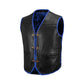 Buffalo leather motorcycle club blue ribbed vest displayed on white background, handcrafted from A+ grade buffalo leather, featuring ribbed leather paneling, satin printed lining, secure hook closure, and adjustable side lace design, ideal customizable biker vest for motorcycle riders, MC club members, and enthusiasts who want durable and stylish motorcycle gear.