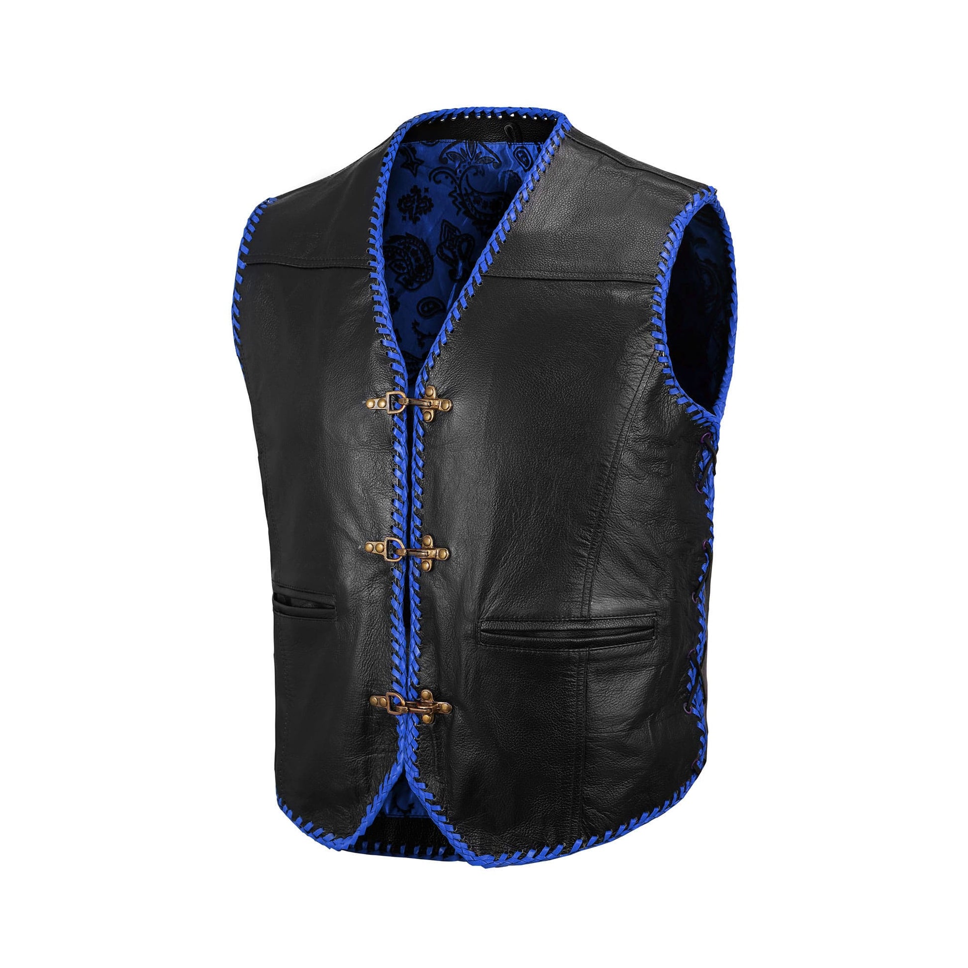 Buffalo leather motorcycle club blue ribbed vest displayed on white background, handcrafted from A+ grade buffalo leather, featuring ribbed leather paneling, satin printed lining, secure hook closure, and adjustable side lace design, ideal customizable biker vest for motorcycle riders, MC club members, and enthusiasts who want durable and stylish motorcycle gear.