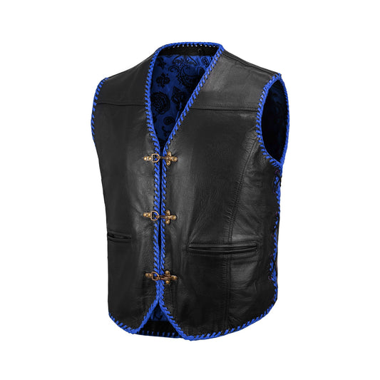 Buffalo leather motorcycle club blue ribbed vest displayed on white background, handcrafted from A+ grade buffalo leather, featuring ribbed leather paneling, satin printed lining, secure hook closure, and adjustable side lace design, ideal customizable biker vest for motorcycle riders, MC club members, and enthusiasts who want durable and stylish motorcycle gear.