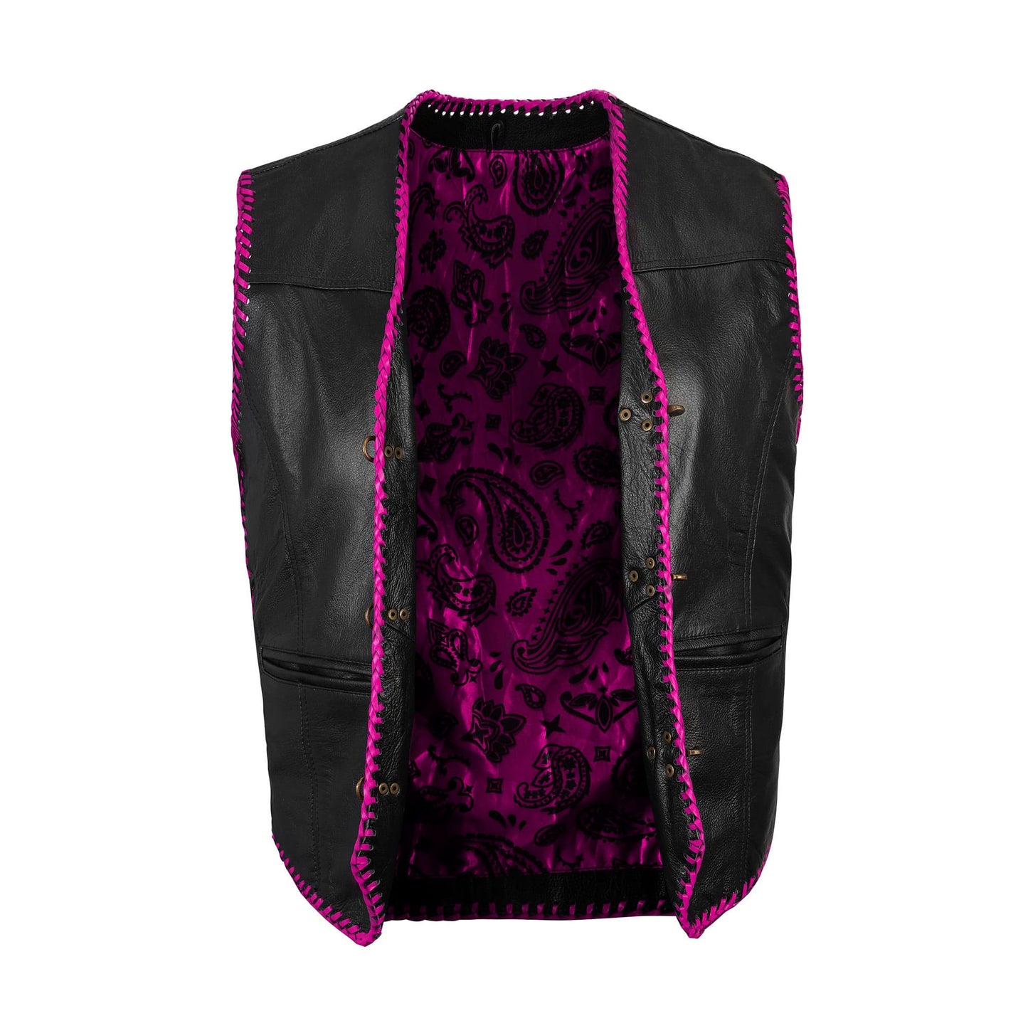 Close-up front view of the Pink Diamond Stitched Leather MC Club Vest, showcasing premium cowhide leather, vibrant pink diamond stitching, snap button front closure, and satin-printed lining. Ideal for motorcycle riders, rebels, and bikers looking for a customizable vest for patches, logos, and club designs.