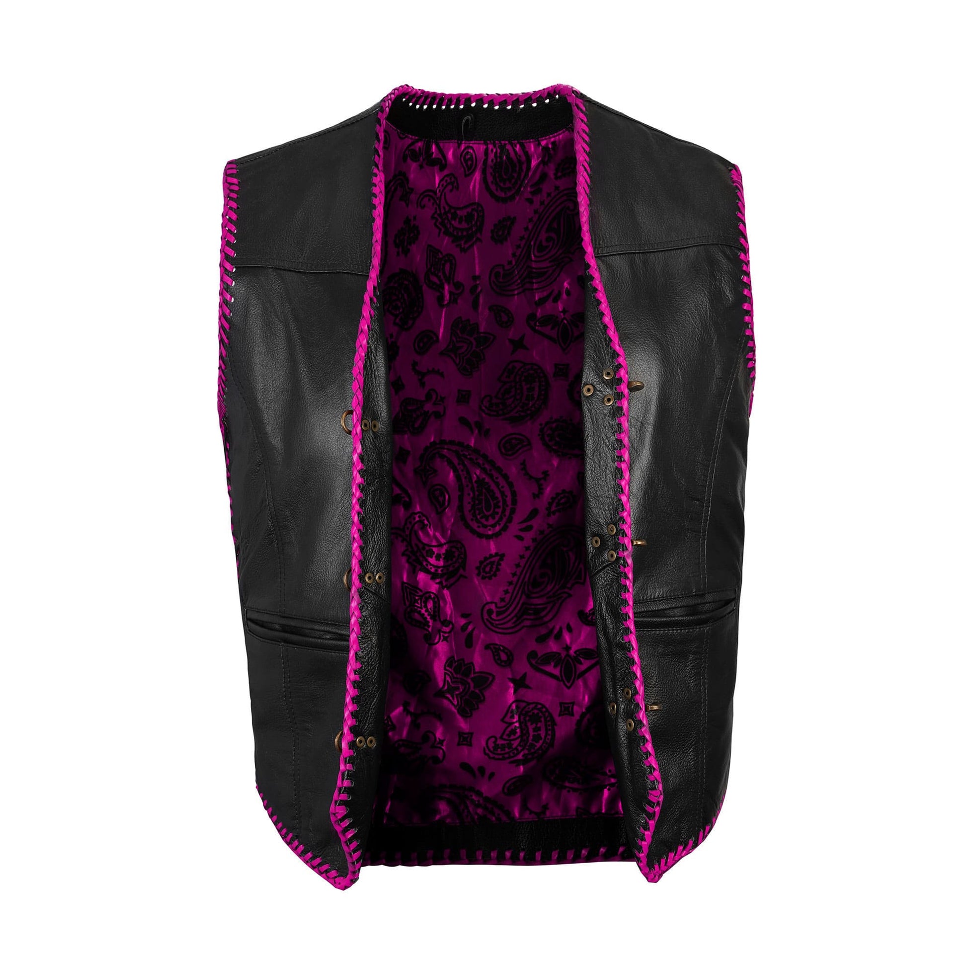 Close-up front view of the Pink Diamond Stitched Leather MC Club Vest, showcasing premium cowhide leather, vibrant pink diamond stitching, snap button front closure, and satin-printed lining. Ideal for motorcycle riders, rebels, and bikers looking for a customizable vest for patches, logos, and club designs.