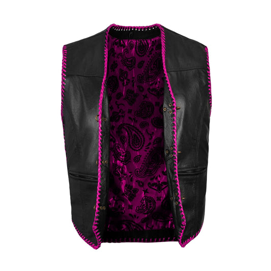 Close-up front view of the Pink Diamond Stitched Leather MC Club Vest, showcasing premium cowhide leather, vibrant pink diamond stitching, snap button front closure, and satin-printed lining. Ideal for motorcycle riders, rebels, and bikers looking for a customizable vest for patches, logos, and club designs.