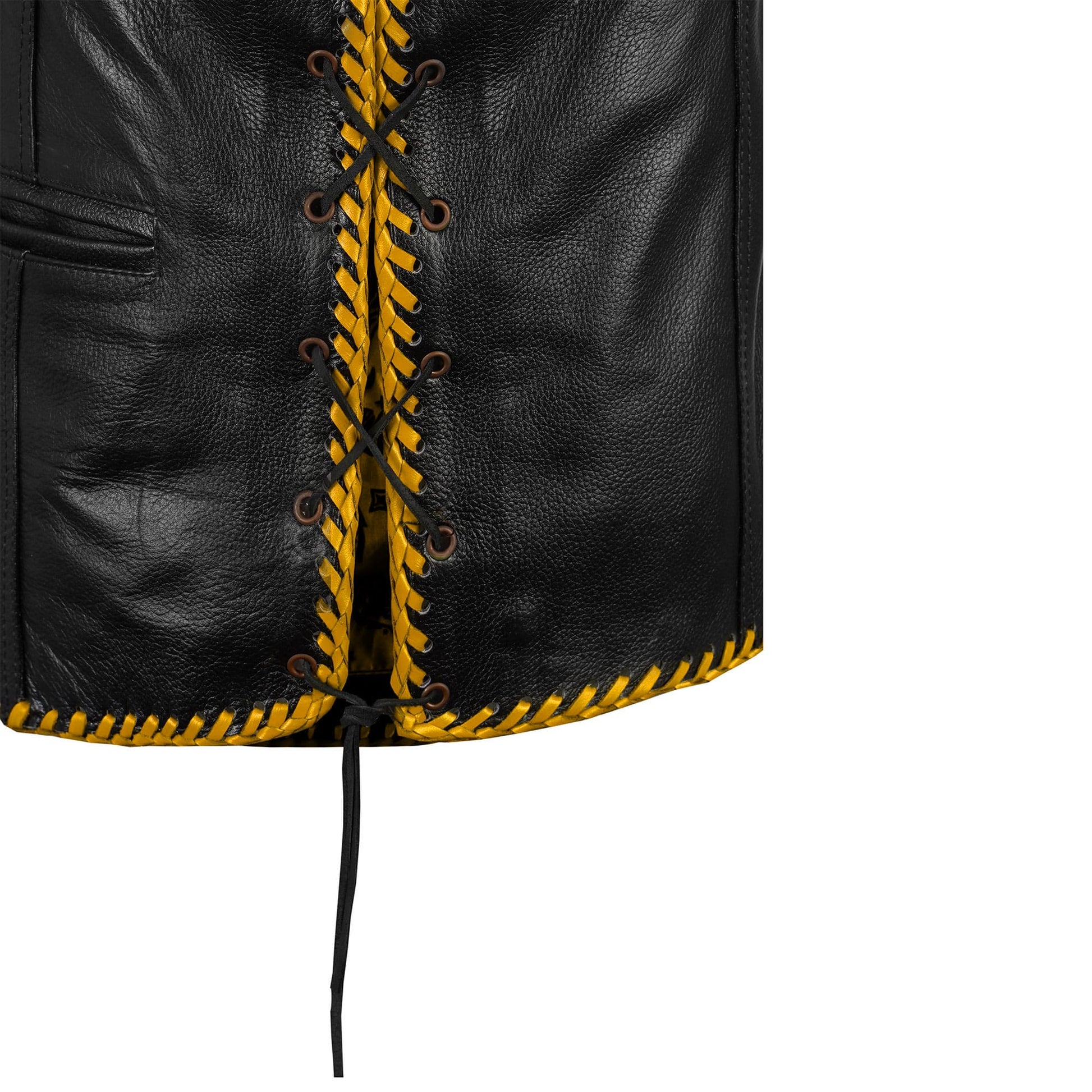 Close-up of Buffalo Leather Motorcycle Club Golden Ribbed Vest highlighting premium buffalo leather texture, ribbed golden paneling, durable stitching, satin lining, and strong hook closure. Perfect customizable biker vest for motorcycle riders and club members who value craftsmanship, individuality, and biker heritage.