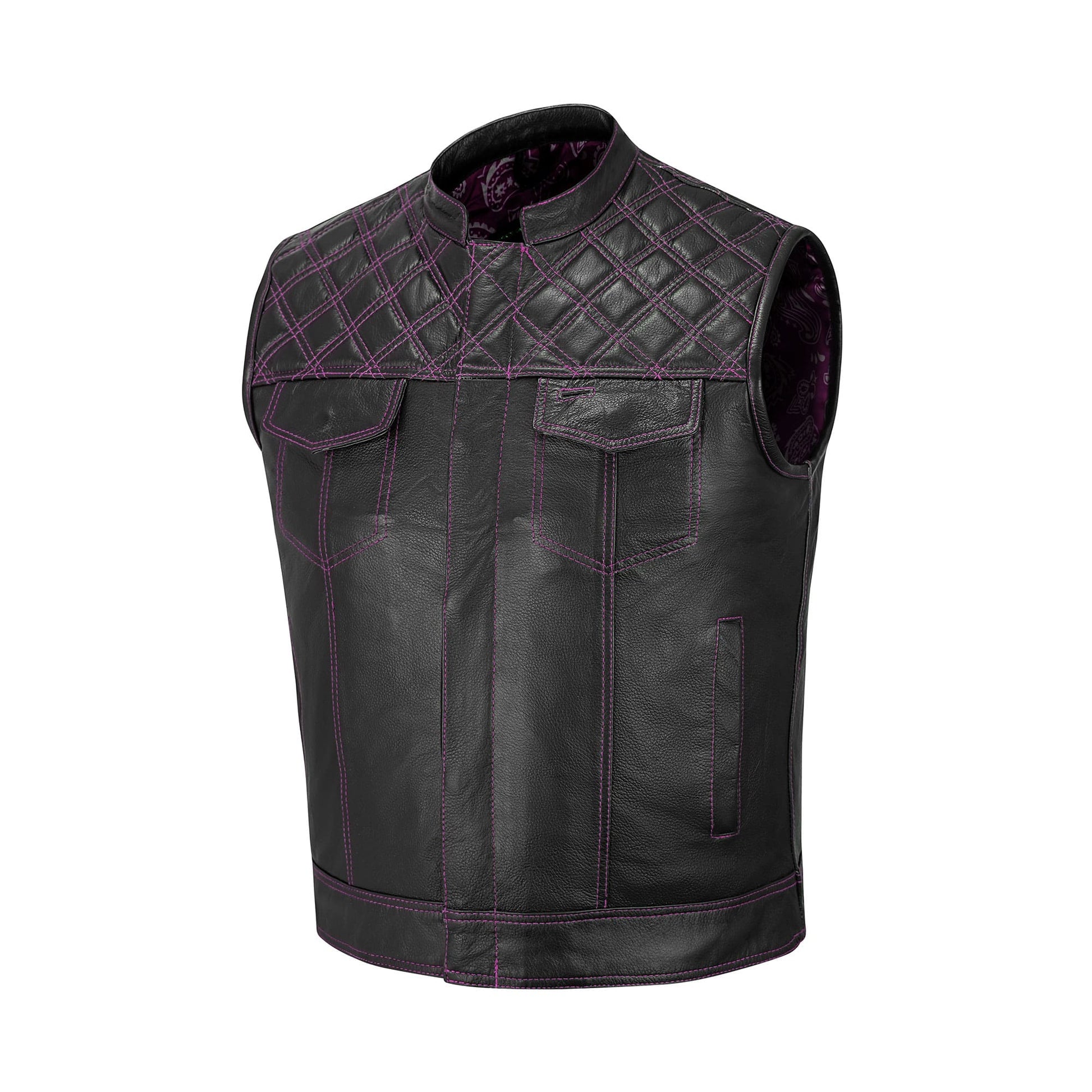Close-up of a handcrafted Pink Diamond Stitched MC Club Vest made from premium cowhide leather. Featuring bold pink diamond stitching across the chest, durable YKK brass zipper closure, and dual chest pockets, this biker vest is designed for motorcycle club members and road warriors. Fully customizable with patches, colors, and sizes, it makes the perfect choice for men and women riders seeking standout biker gear.