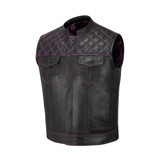 Close-up of a handcrafted Pink Diamond Stitched MC Club Vest made from premium cowhide leather. Featuring bold pink diamond stitching across the chest, durable YKK brass zipper closure, and dual chest pockets, this biker vest is designed for motorcycle club members and road warriors. Fully customizable with patches, colors, and sizes, it makes the perfect choice for men and women riders seeking standout biker gear.