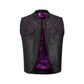 Close-up of a handcrafted Purple Diamond Stitched MC Club Vest made from premium cowhide leather. Featuring bold purple diamond stitching across the chest, durable YKK brass zipper closure, and dual chest pockets, this biker vest is designed for motorcycle club members and road warriors. Fully customizable with patches, colors, and sizes, it makes the perfect choice for riders seeking standout biker gear.