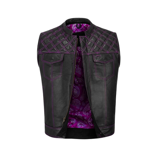 Close-up of a handcrafted Purple Diamond Stitched MC Club Vest made from premium cowhide leather. Featuring bold purple diamond stitching across the chest, durable YKK brass zipper closure, and dual chest pockets, this biker vest is designed for motorcycle club members and road warriors. Fully customizable with patches, colors, and sizes, it makes the perfect choice for riders seeking standout biker gear.