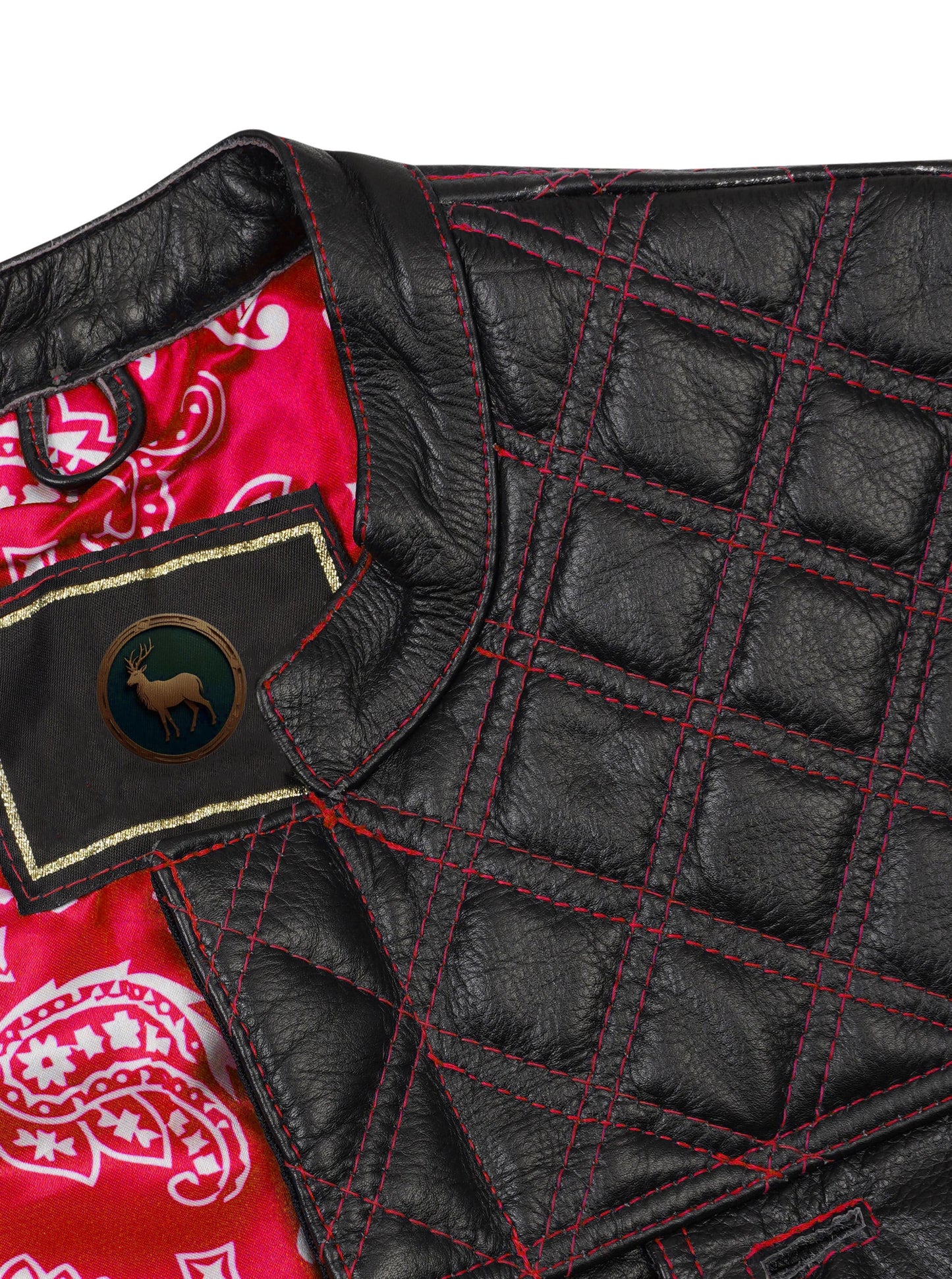 Close-up of a handcrafted Red Diamond Stitched MC Club Vest made from premium cowhide leather. Featuring bold red diamond stitching across the chest, durable YKK brass zipper closure, and dual chest pockets, this biker vest is designed for motorcycle club members and road warriors. Fully customizable with patches, colors, and sizes, it makes the perfect choice for riders seeking standout biker gear.