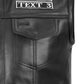 Close-up of embroidered patch detail on cowhide leather biker vest, showing precision stitching for custom club name, logo, or text. Premium leather vest for motorcycle riders and MC club members, designed with personalization options for identity, strength, and style in durable biker apparel.